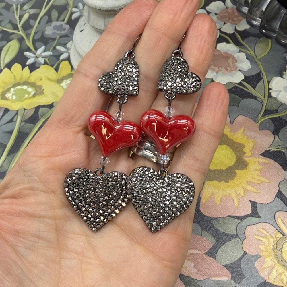 Adorned Crown Jewelry silver and red heart sparkle Valentine's Day earrings