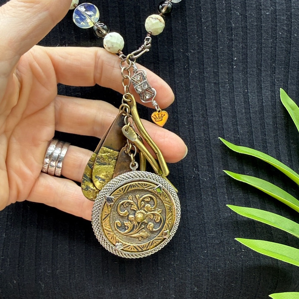 Adorned Crown Jewelry assemblage mix metal mix gemstone Y charm necklace