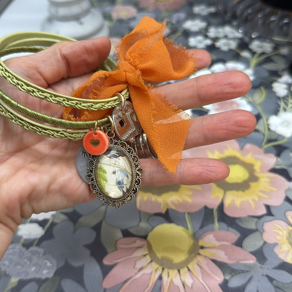 Adorned Crown Jewelry assemblage three band green bangle happy camper bracelet