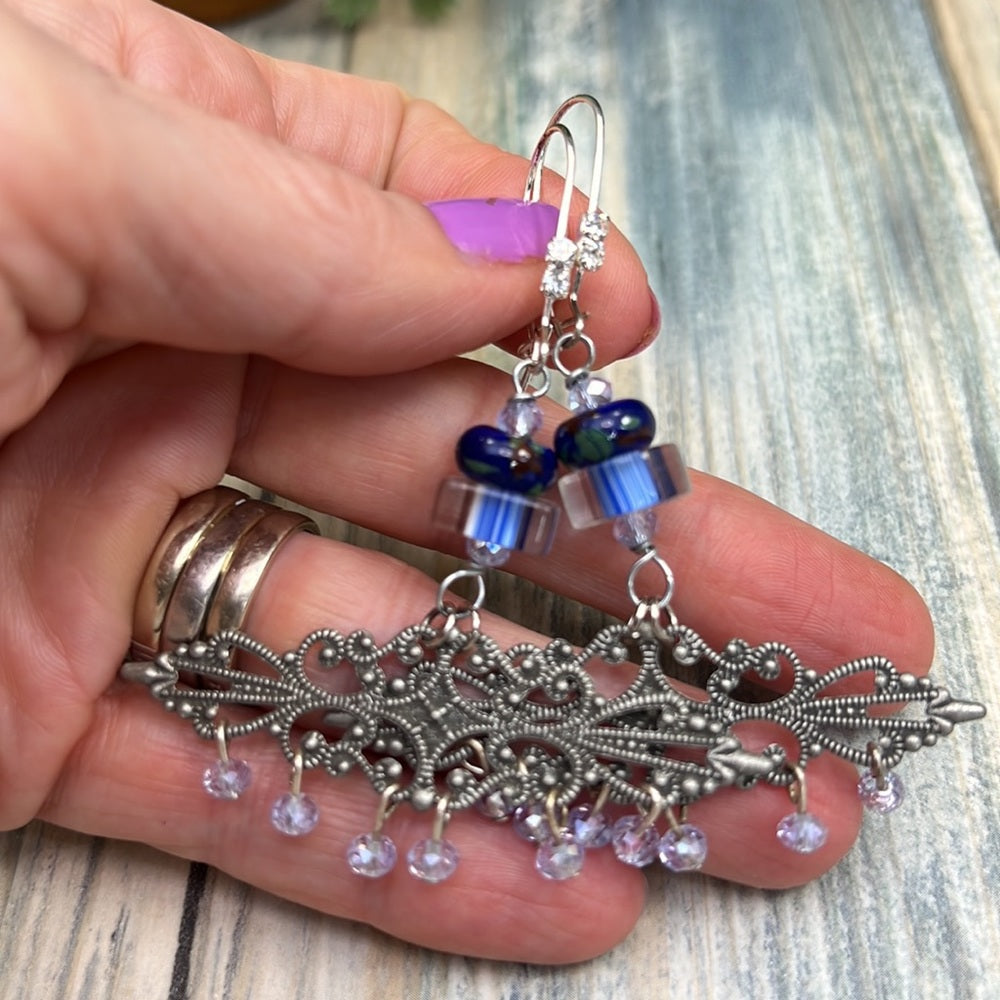 Adorned Crown Artisan Assemblage blue bead filigree chandelier earrings