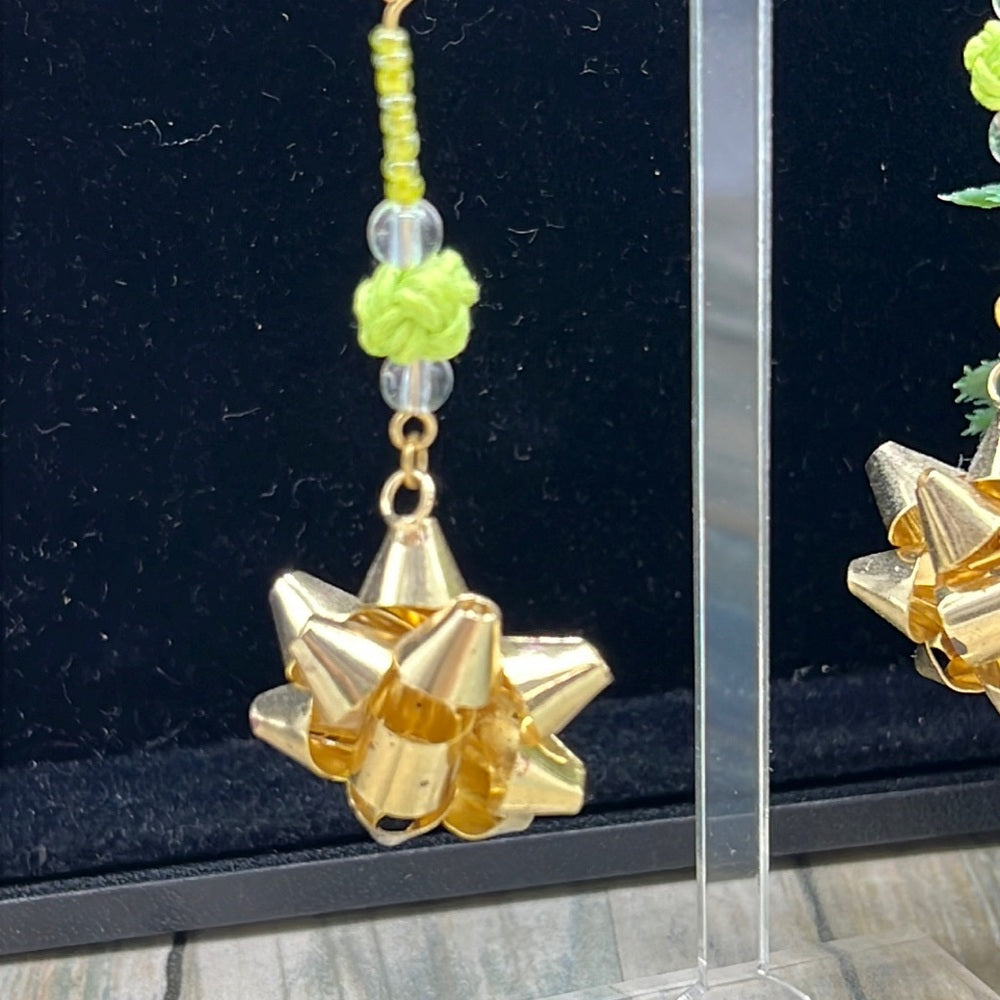 Adorned Crown Jewelry assemblage Christmas earrings gold bow green bead
