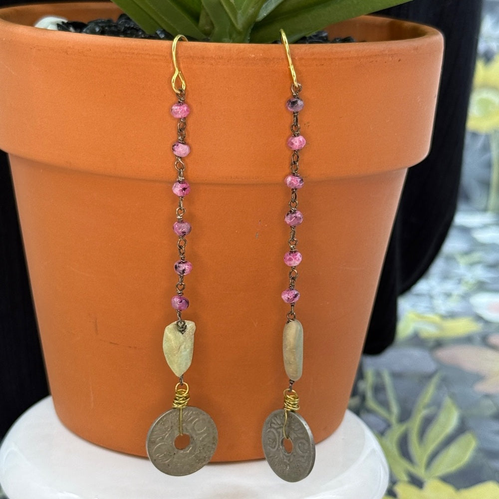 Adorned Crown Jewelry assemblage boho pink green coin stone earrings