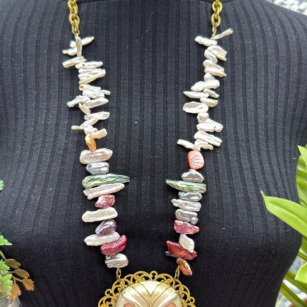 Adorned Crown Jewelry assemblage enamel owl tassel pearl boho long necklace
