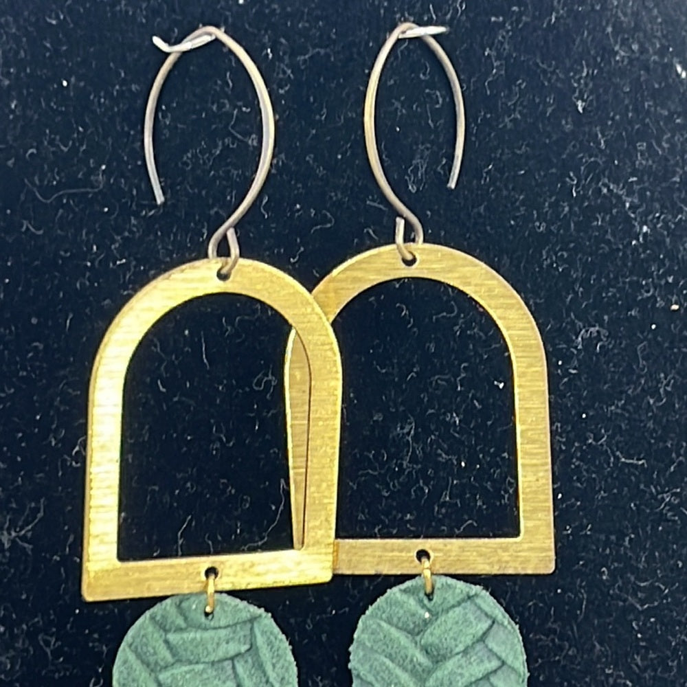 Adorned Crown Artisan Assemblage green leather brushed brass arch earrings