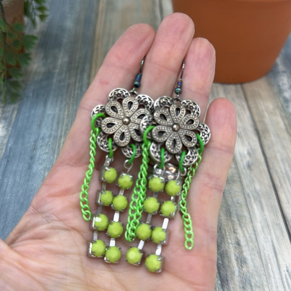 Adorned Crown Jewelry assemblage filigree flower Earrings green chain