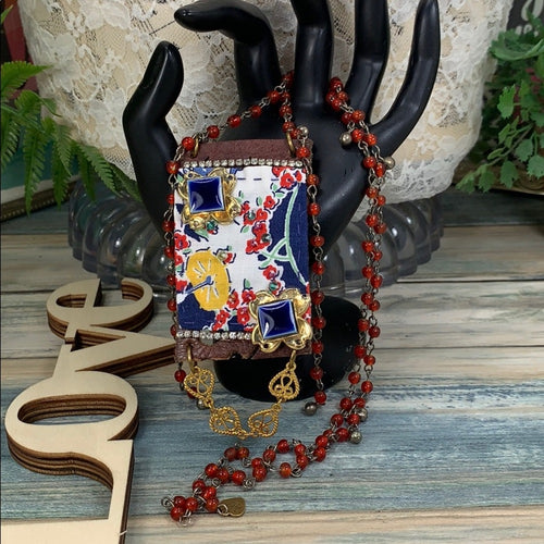 Adorned Crown artisan assemblage crazy quilted leather boho bead necklace