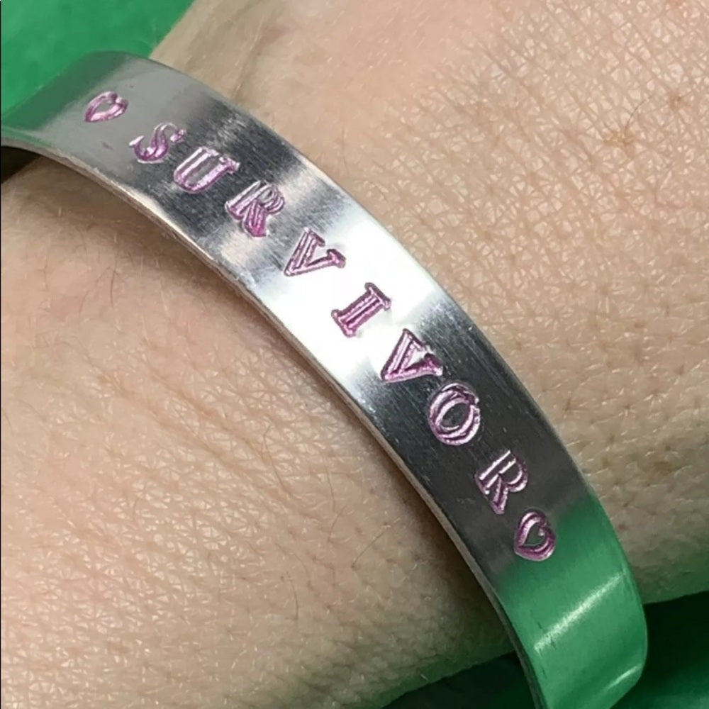 Adorned Crown stamped cuff survivor pink bracelet