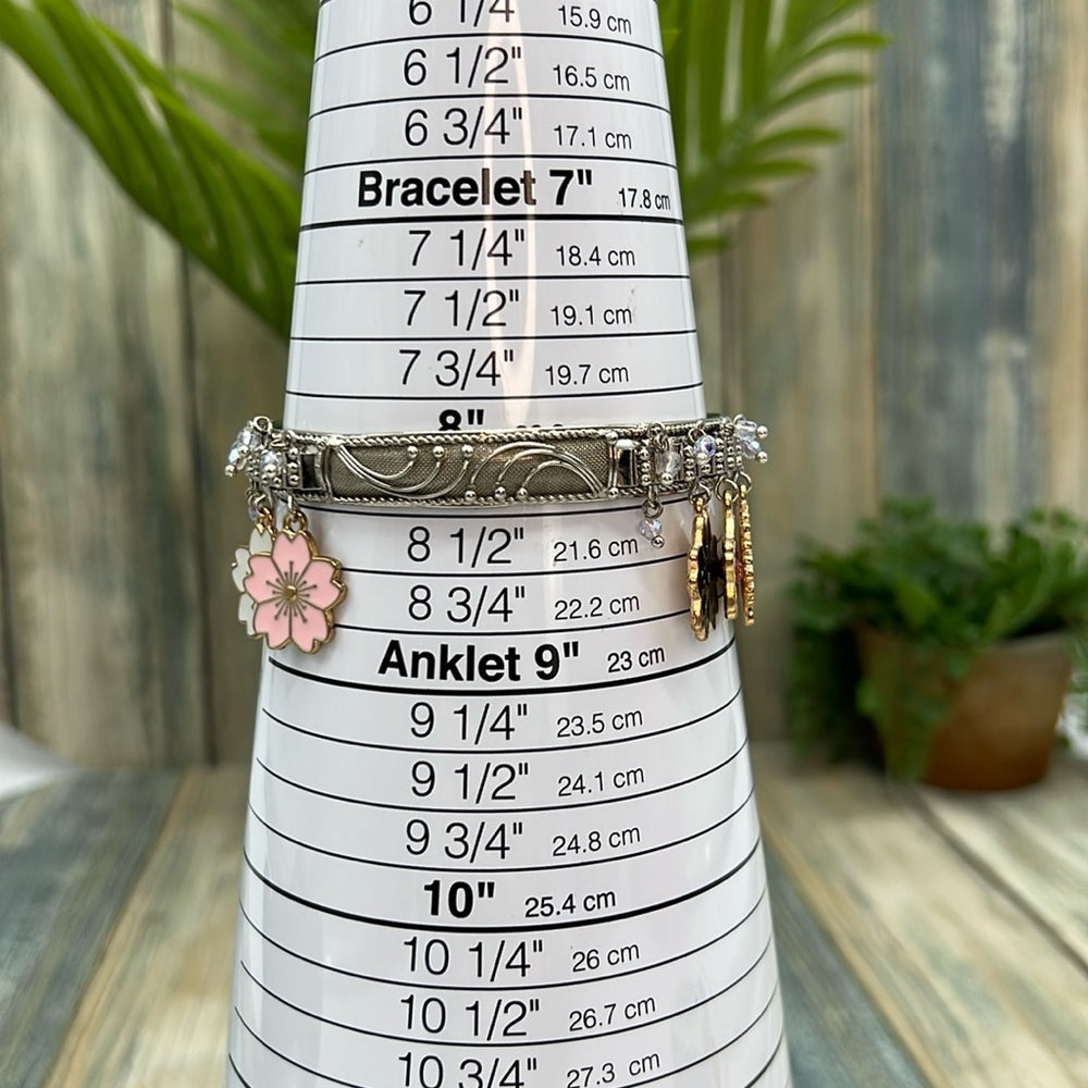 Adorned Crown Jewelry assemblage silver flower enamel charm bangle bracelet