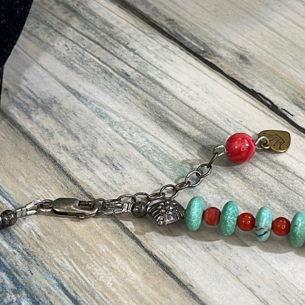 Adorned Crown Artisan assemblage enamel flower Turquoise silver necklace