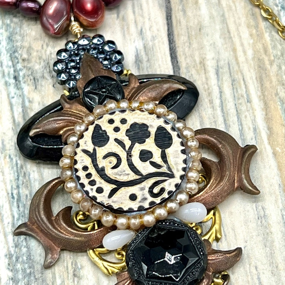Adorned Crown Jewelry Pearl steampunk collage pendant necklace