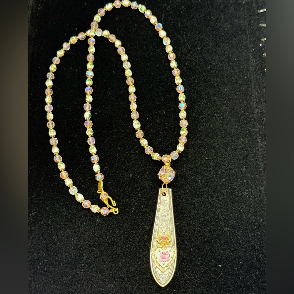 Adorned Crown Jewelry assemblage pink cloisonné crystal bead spoon necklace