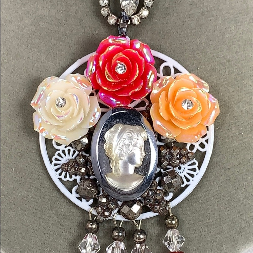 Adorned Crown artisan assemblage red cameo cluster crystal necklace