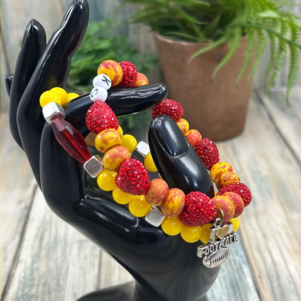 Adorned Crown Kansas City Chiefs KC football red gold stretch bracelet set G