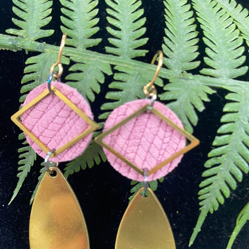 Adorned Crown leather disc brass drop earrings blush & diamond shape