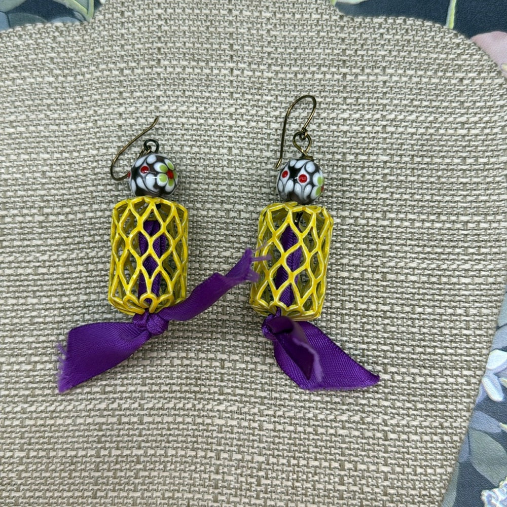 Adorned Crown Jewelry assemblage yellow cage lamp work glass purple earrings