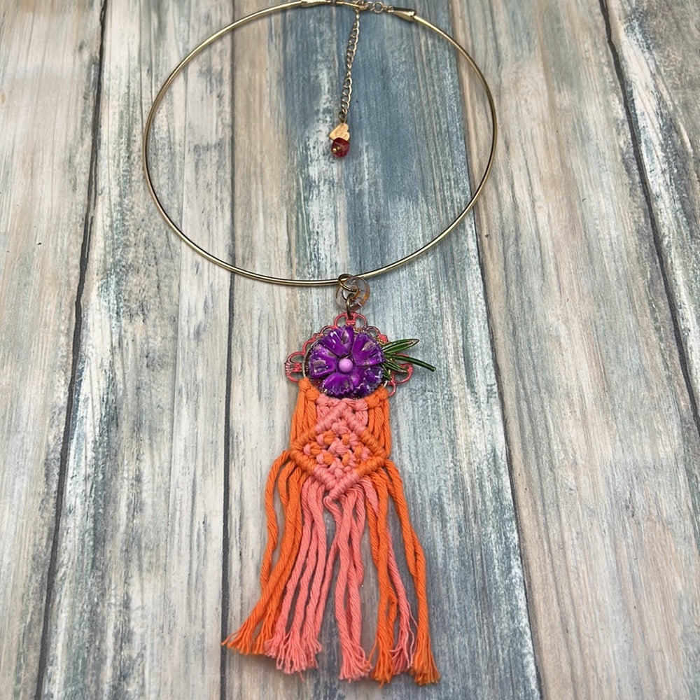 Adorned Crown Artisan Assemblage macramé enamel flower collar necklace
