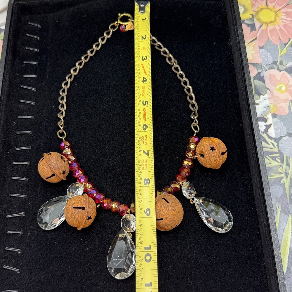 Adorned Crown Jewelry assemblage Christmas rusty jingle bell crystal necklace