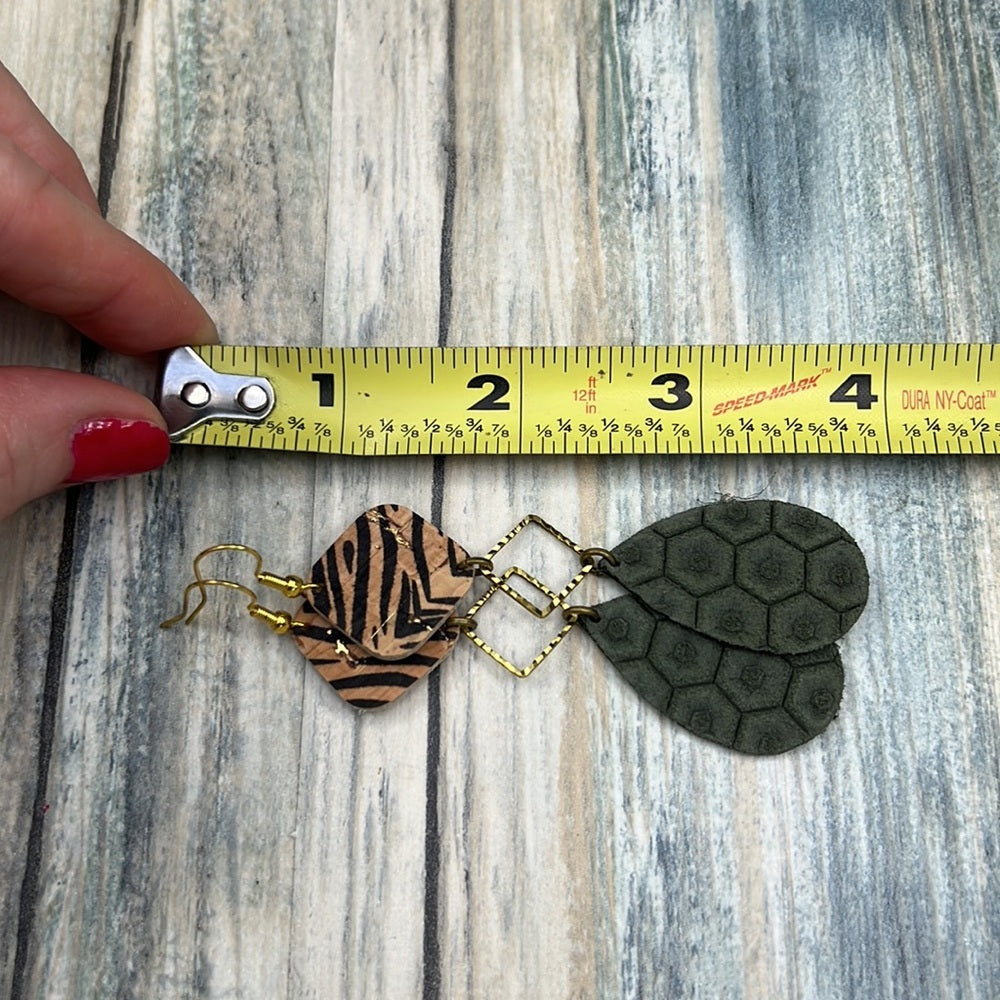 Adorned Crown Artisan Assemblage leather double drop zebra green earrings