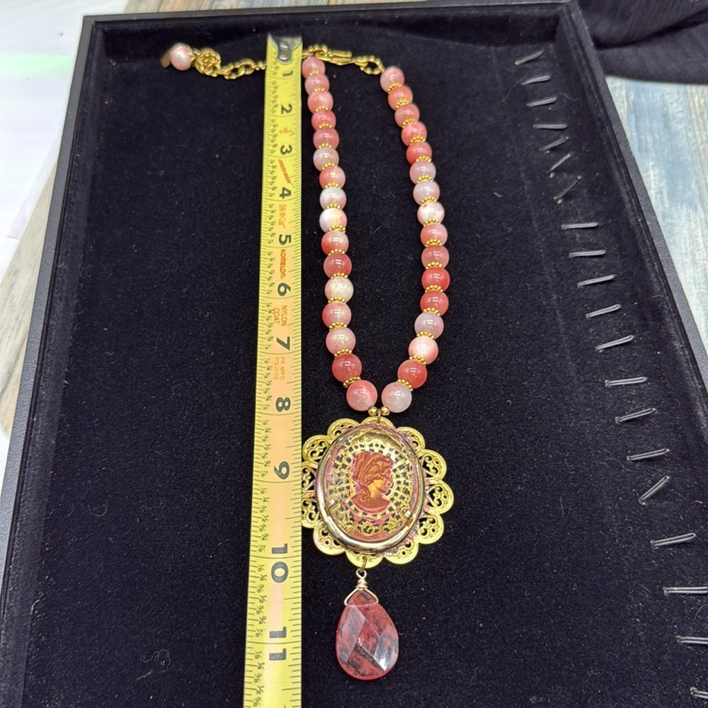 Adorned Crown Jewelry assemblage Persian jade intaglio pink statement necklace