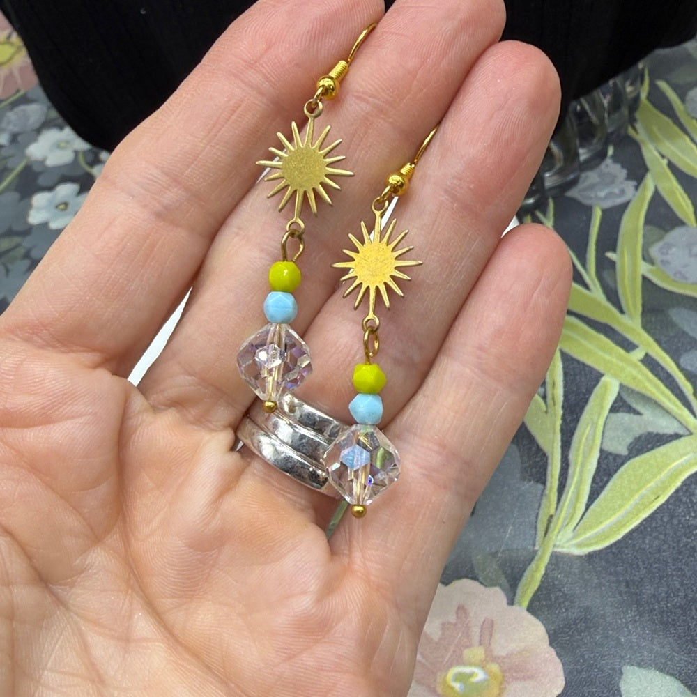 Adorned Crown Jewelry assemblage vintage Crystal sun burst blue green earrings