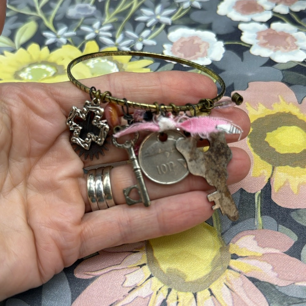 Adorned Crown Jewelry mixed charm key coin pink dangles bangle bracelet