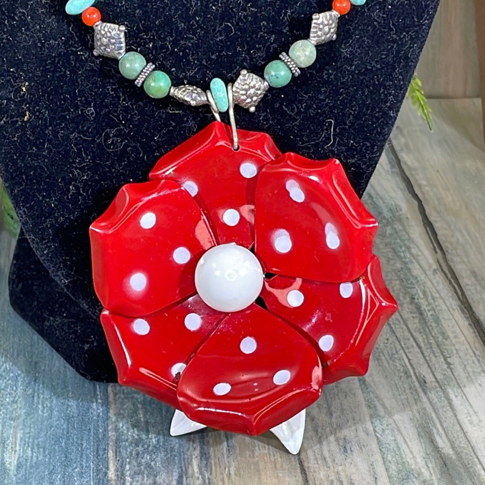 Adorned Crown Artisan assemblage enamel flower Turquoise silver necklace