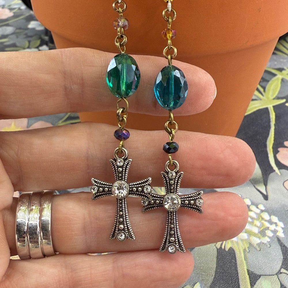 Adorned Crown Jewelry assemblage green crystal bead cross long earrings