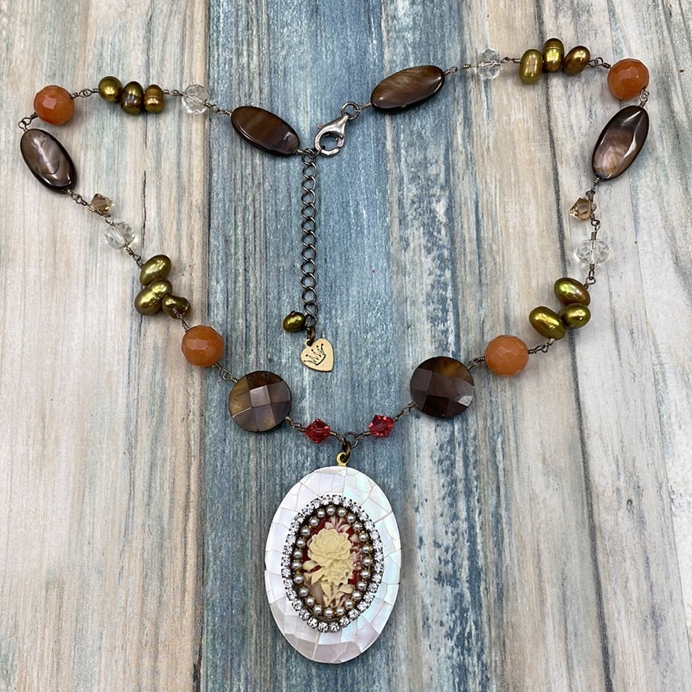 Adorned Crown Artisan Assemblage “autumn splendor” shell gemstone necklace