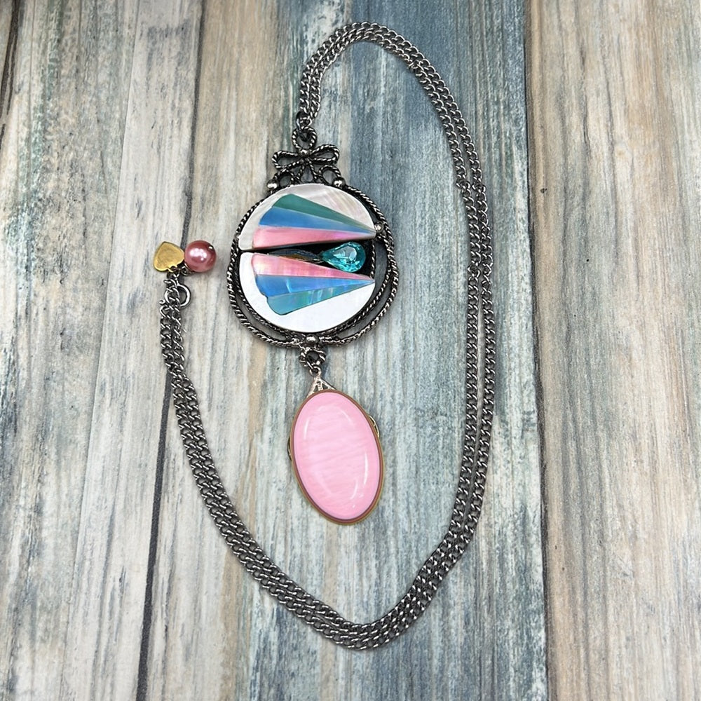 Adorned Crown Jewelry artisan assemblage pink drop shell fan necklace