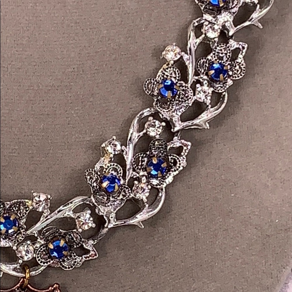 Adorned Crown Artisan assemblage “something blue” cluster rhinestone necklace