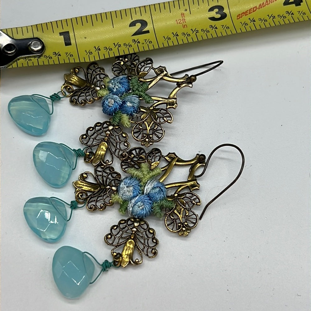 Adorned Crown Jewelry blue flower faceted briolette drop filigree earrings