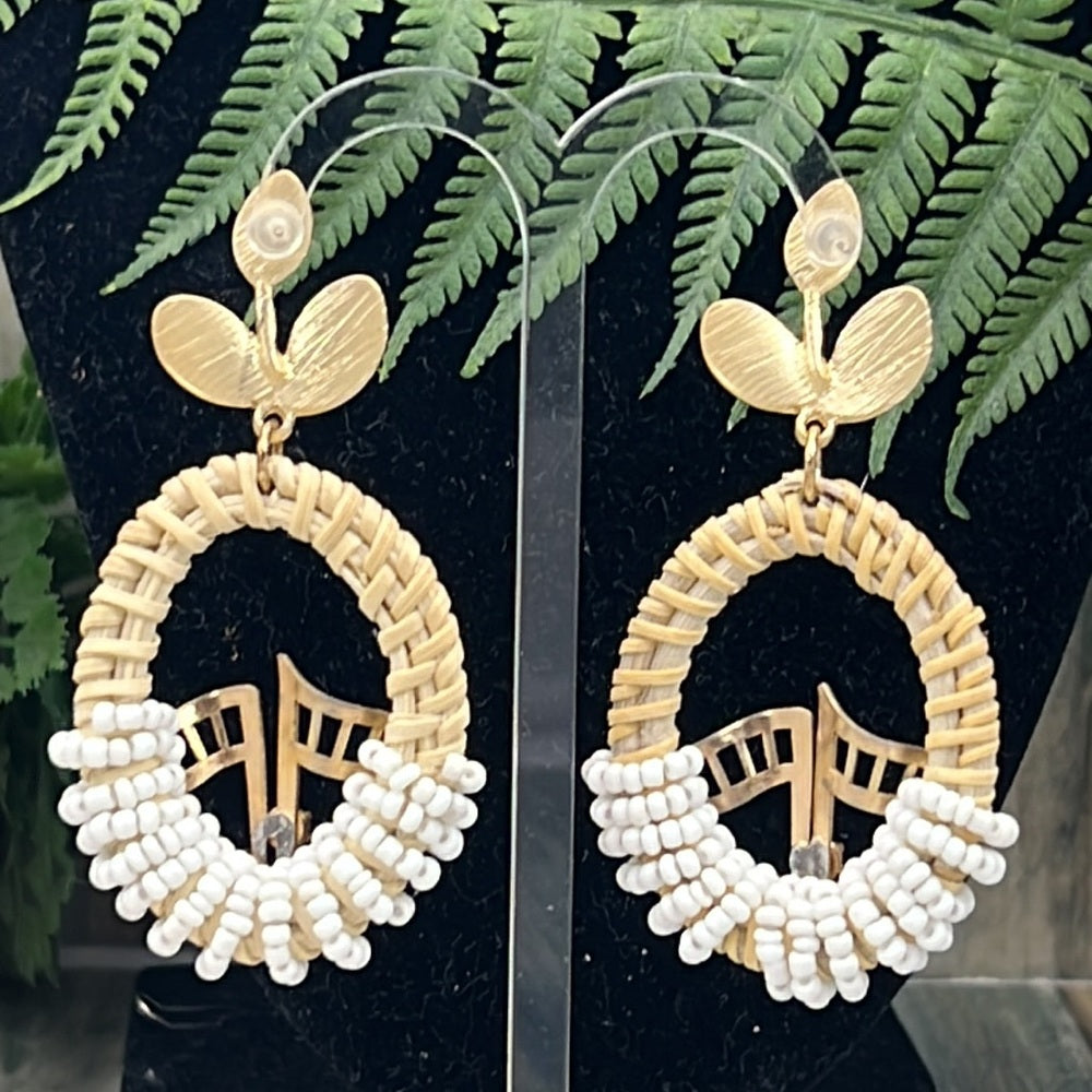Adorned Crown Artisan Assemblage woven oval green detail leaf post earrings
