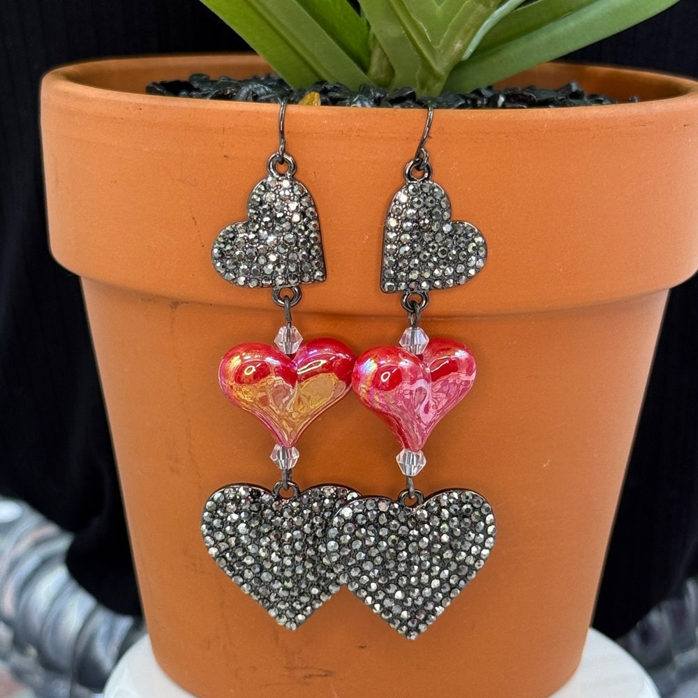 Adorned Crown Jewelry silver and red heart sparkle Valentine's Day earrings