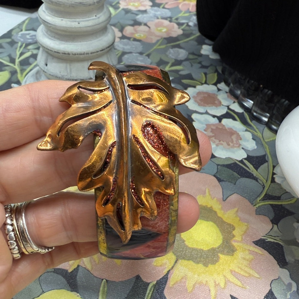 Adorned Crown Jewelry assemblage brass leaf inlaid fall autumn bangle bracelet