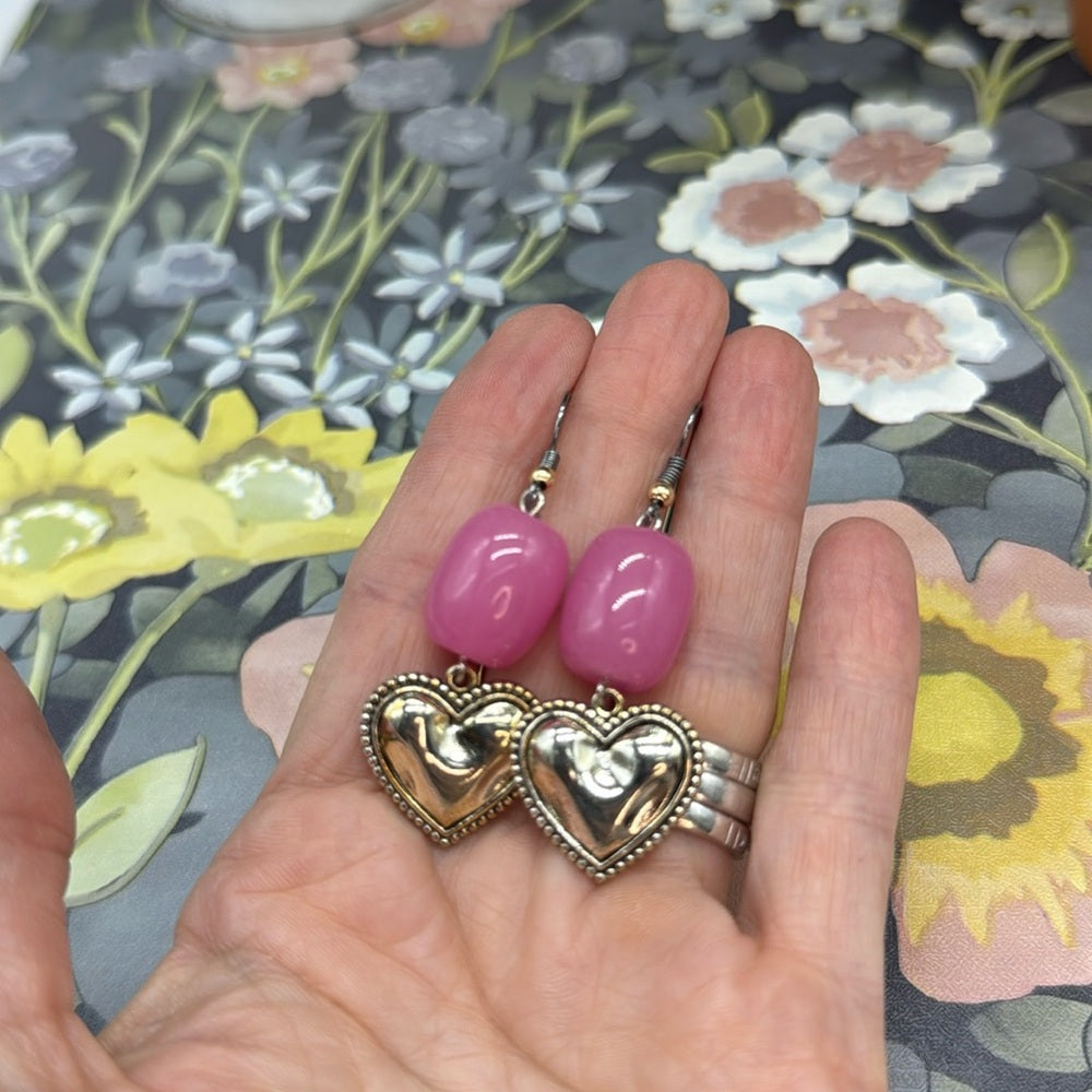 Adorned Crown rose quartz pink bead textured heart earrings