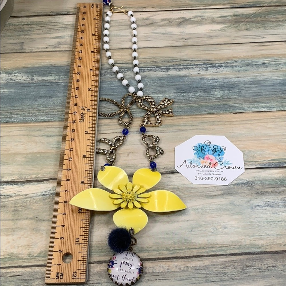 Adorned Crown artisan assemblage yellow enamel flower bow pray necklace