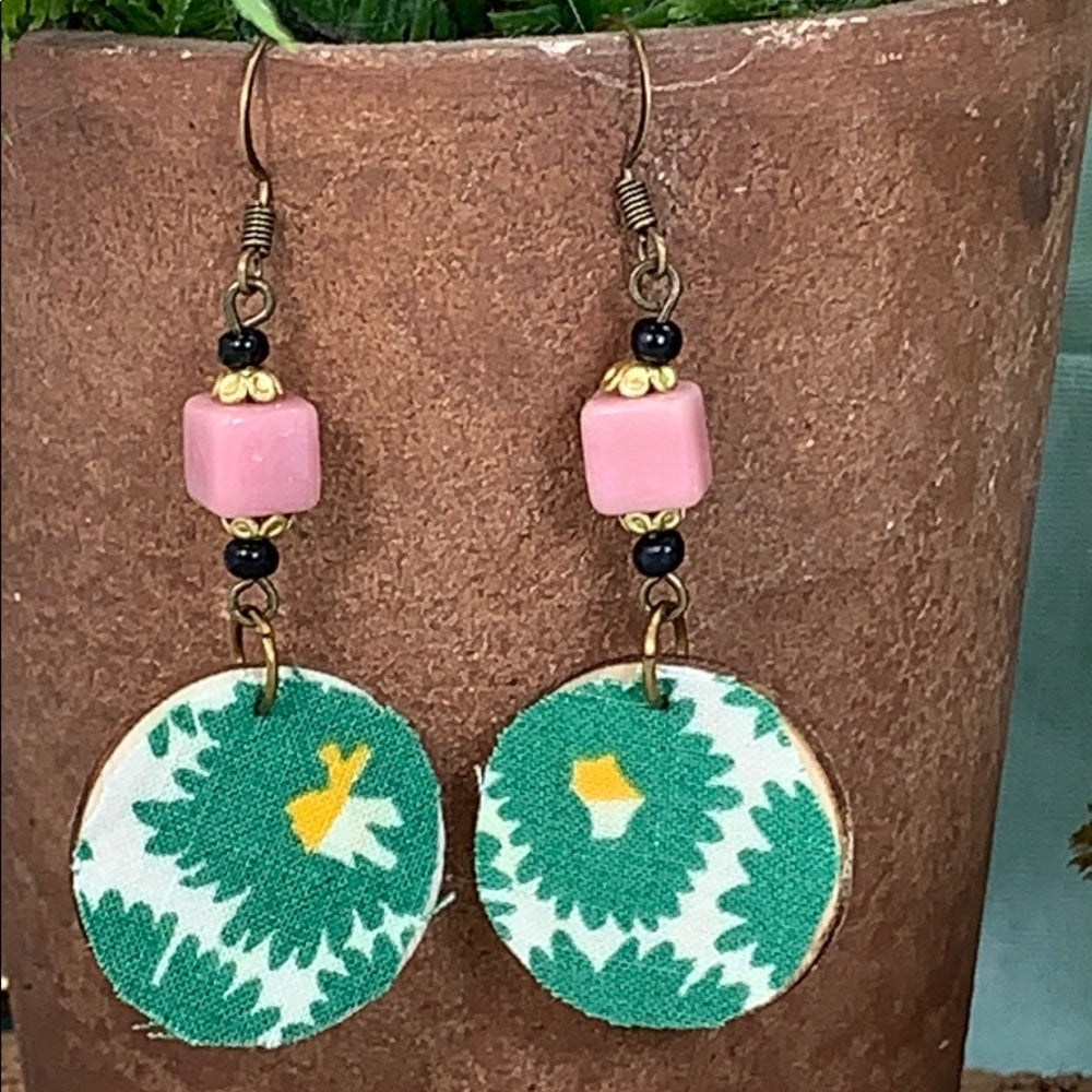 Adorned Crown vintage fabric wood disc earrings pink green lightweight
