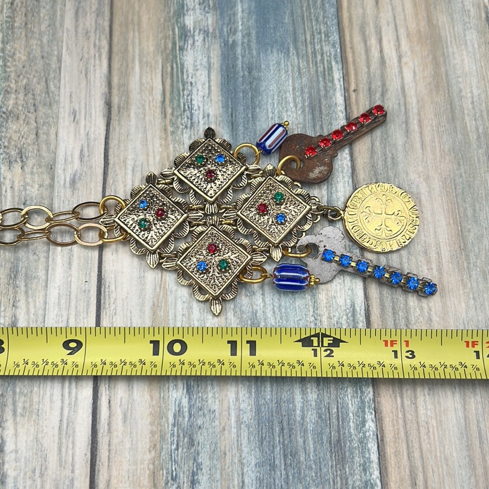 Adorned Crown necklace long boho vintage key red blue rhinestone assemblage