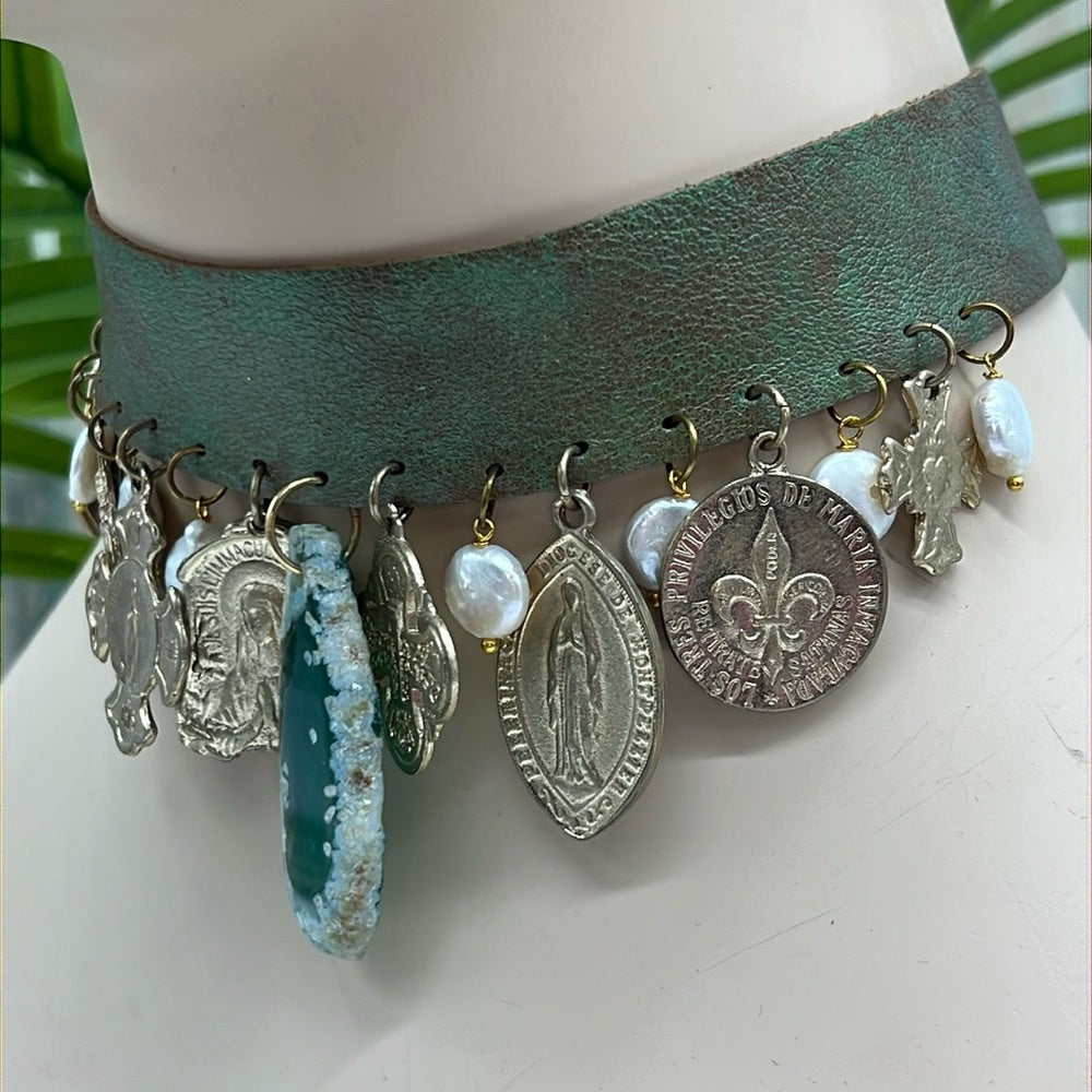 Adorned Crown Jewelry steampunk leather choker religious charm pearl necklace