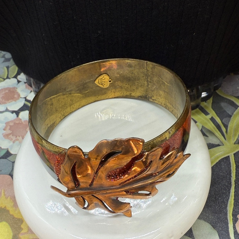 Adorned Crown Jewelry assemblage brass leaf inlaid fall autumn bangle bracelet