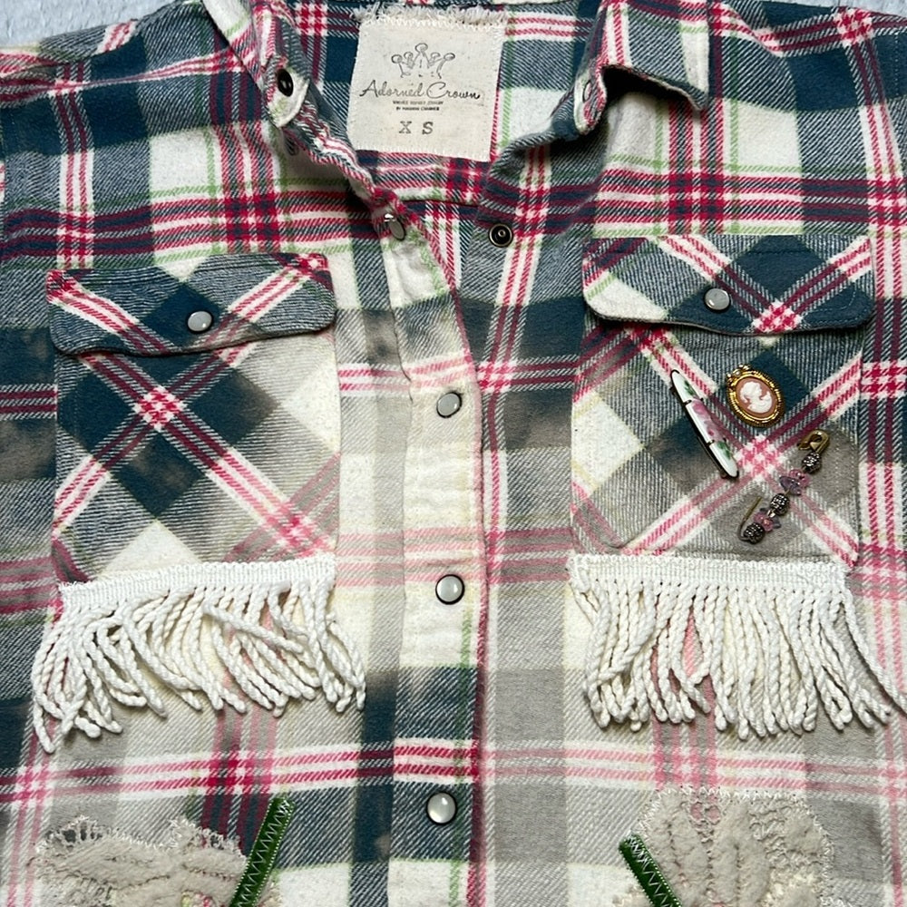 Adorned Crown Textiles altered flannel “Jesus is the reason…Season” size XS