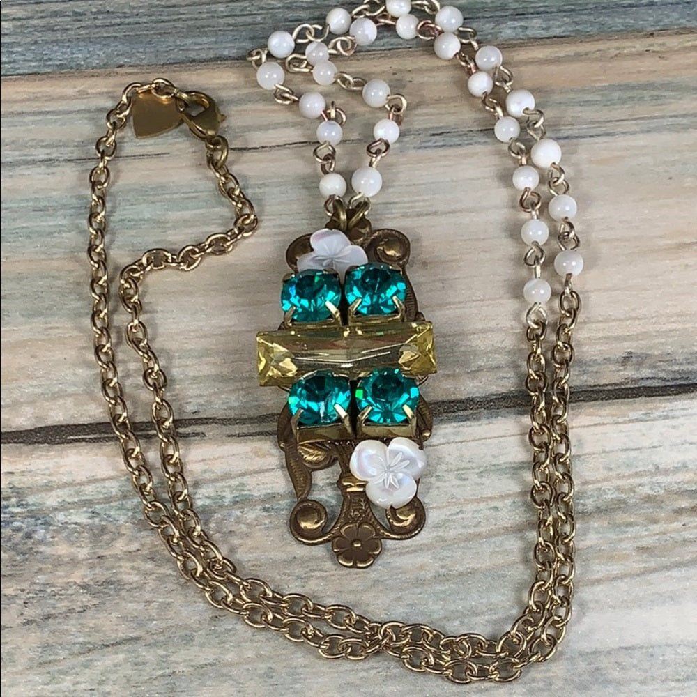 Adorned Crown Artisan assemblage green rhinestone and mop collage necklace