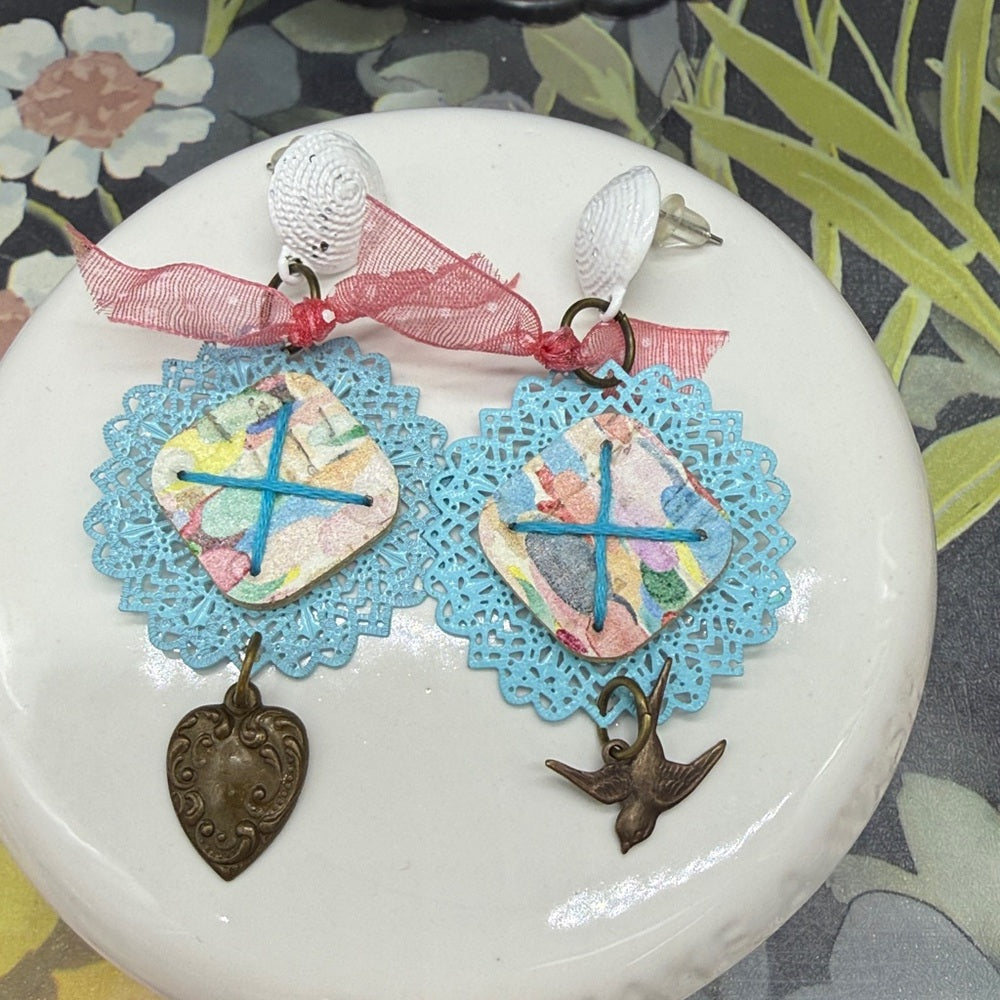 Adorned Crown Jewelry assemblage teal multi color bird heart earrings