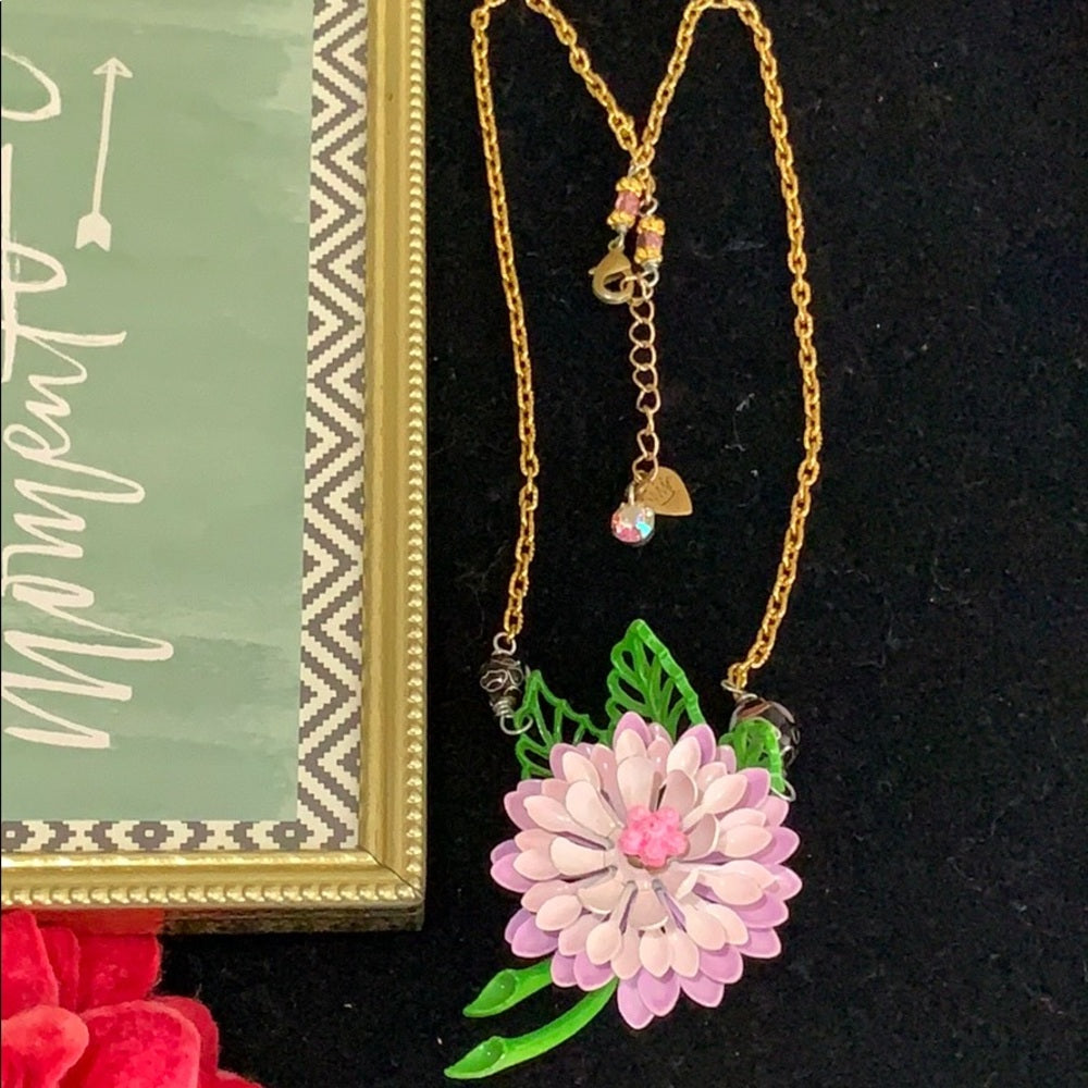 Adorned Crown artisan assemblage dahlia enamel flower necklace