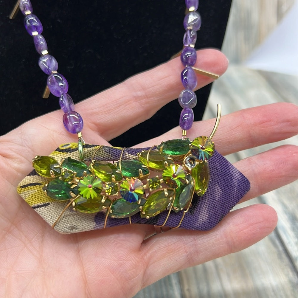 Adorned Crown Jewelry artisan assemblage amethyst rhinestone buckle necklace