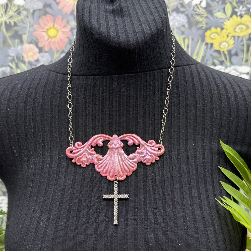 Adorned Crown Jewelry assemblage pink statement crystal cross necklace