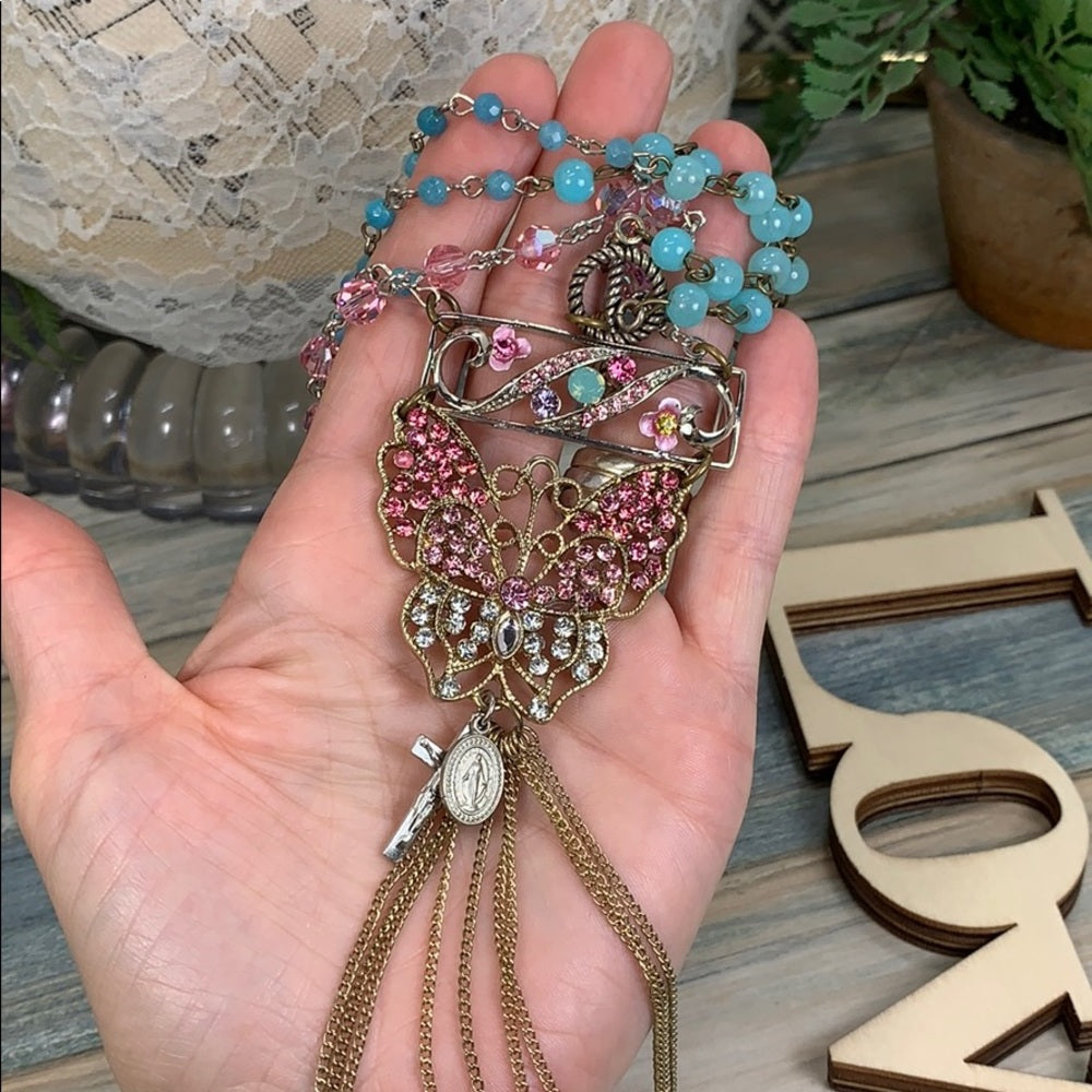 Adorned Crown artisan assemblage pink crystal butterfly necklace