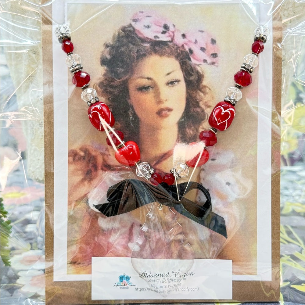 Adorned Crown Jewelry assemblage red heart bead crystal drop ribbon necklace