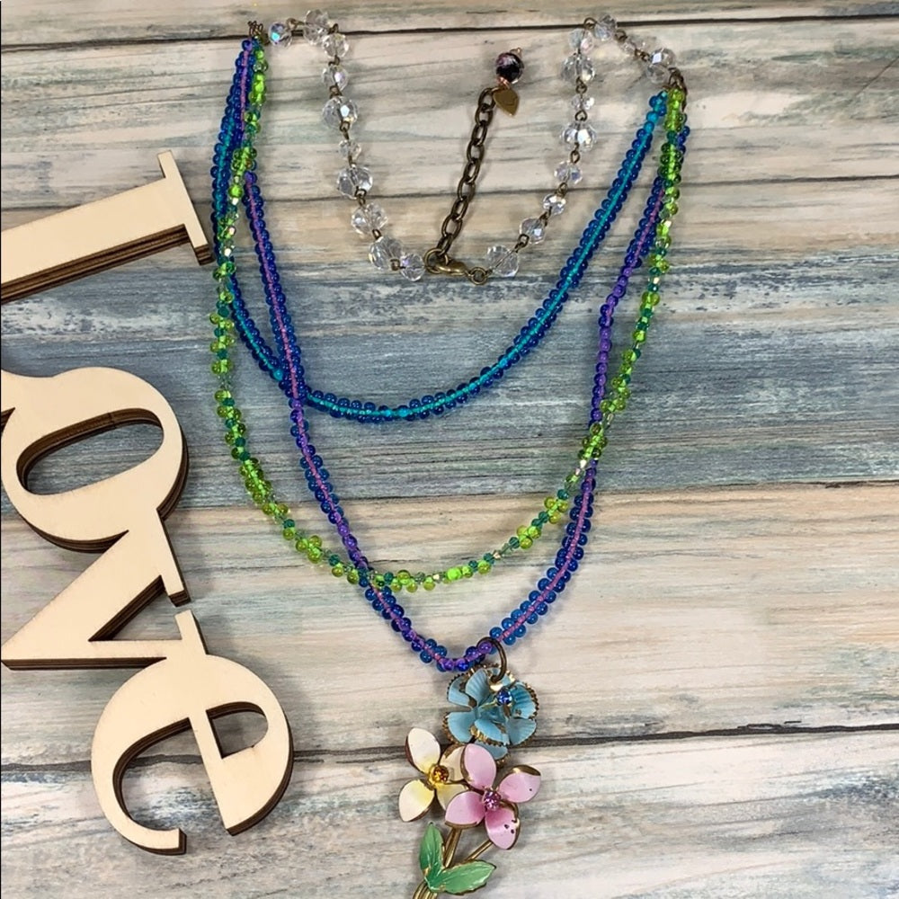 Adorned Crown artisan assemblage enamel flower glass bead 3 strand necklace