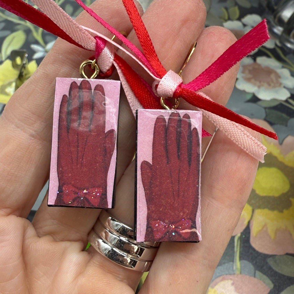 Adorned Crown Jewelry assemblage Christmas pink and red glove domino earrings